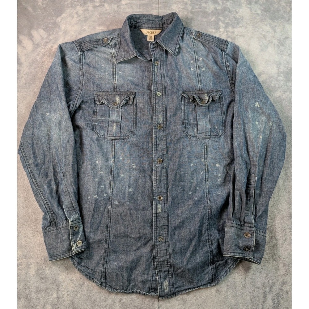 Decree Indigo Chambray Long Sleeve Work Shirt Distressed Thrashed Blue Men's M